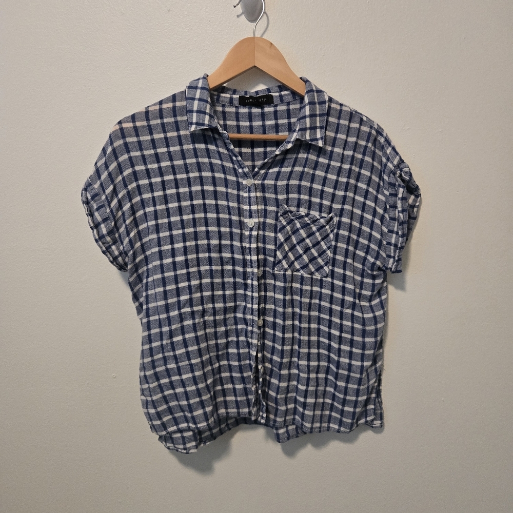 Blue and White Plaid Button-Up Shirt